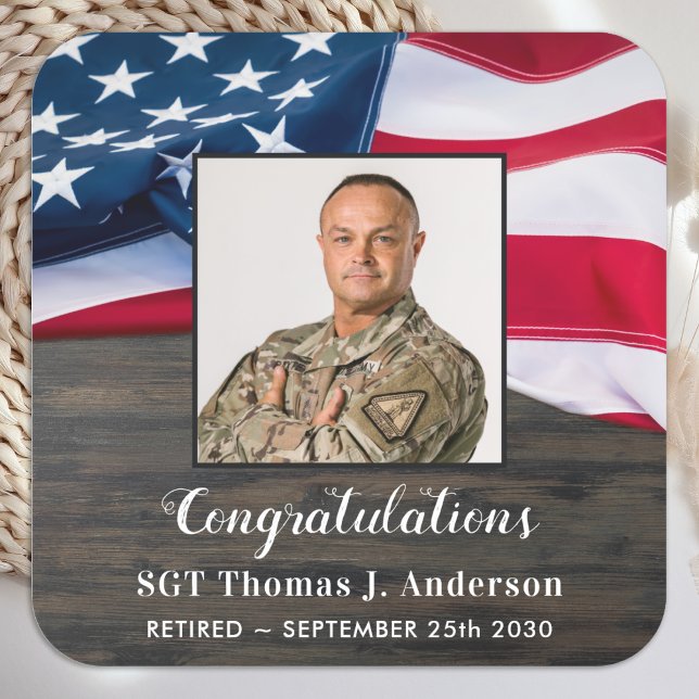 Patriotic American Flag Military Retirement Square Sticker (Creator Uploaded)