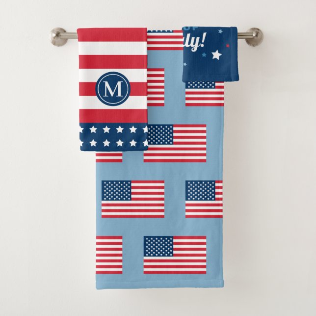 Patriotic American Flag Monogram Fourth July Bath Towel Set (Insitu)