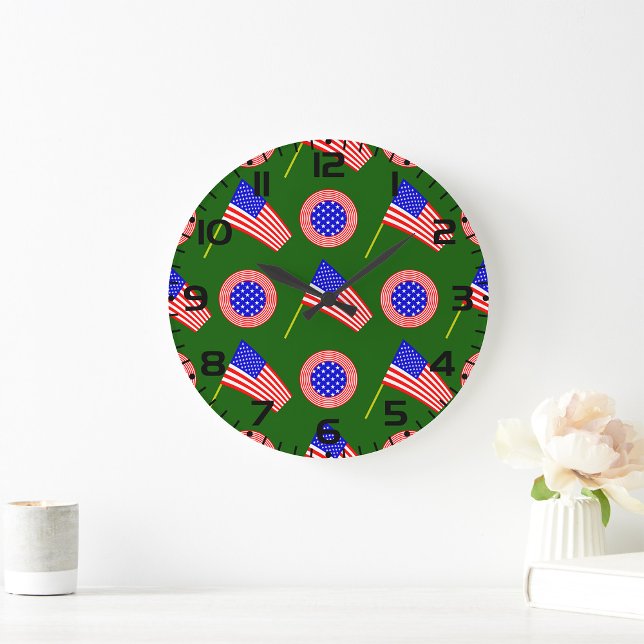 Patriotic American Flag Pattern on Green  Large Clock (Creator Uploaded)