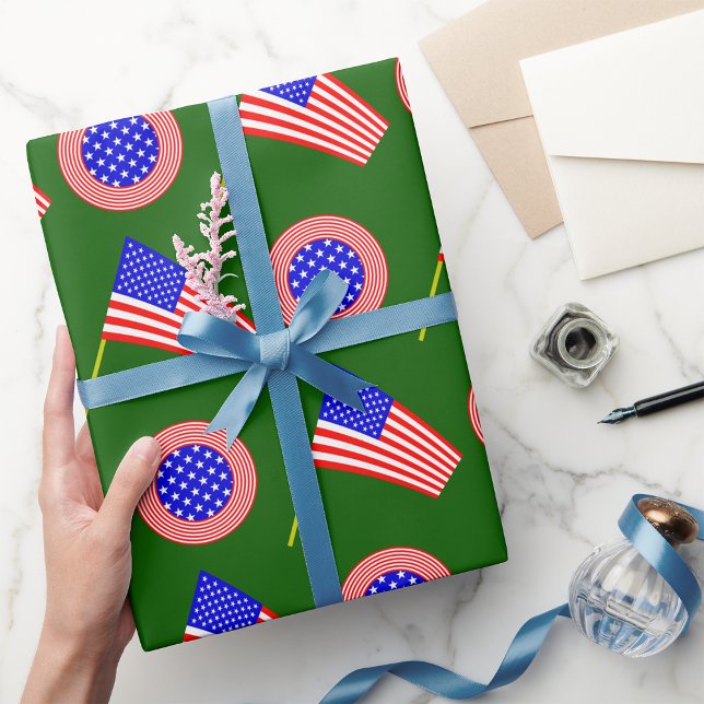 Patriotic American Flag Pattern on Green  Wrapping Paper (Creator Uploaded)