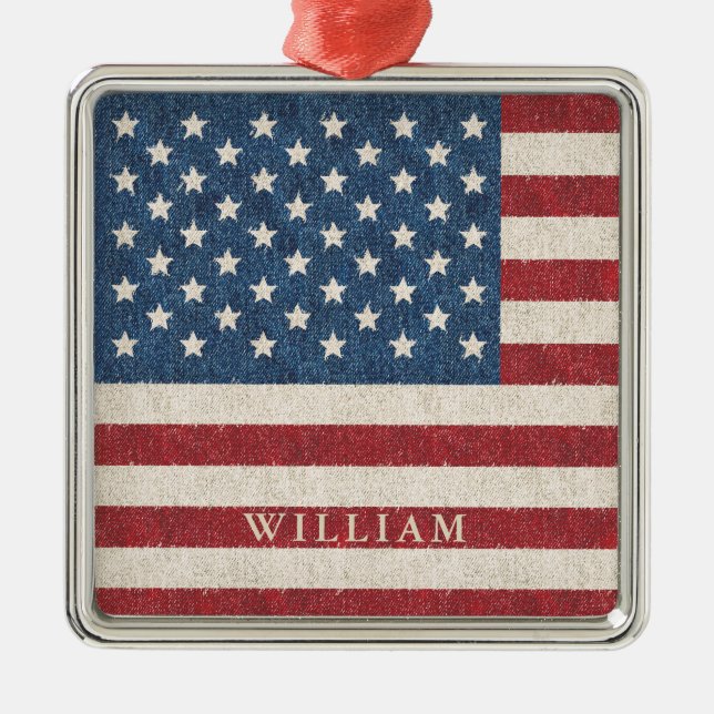 Patriotic American Flag Personalized Metal Ornament (Front)