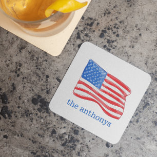 Patriotic American Flag Personalized Square Paper Coaster