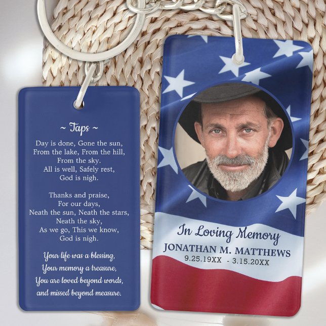 Patriotic American Flag Photo Funeral Prayer Card Keychain (Creator Uploaded)