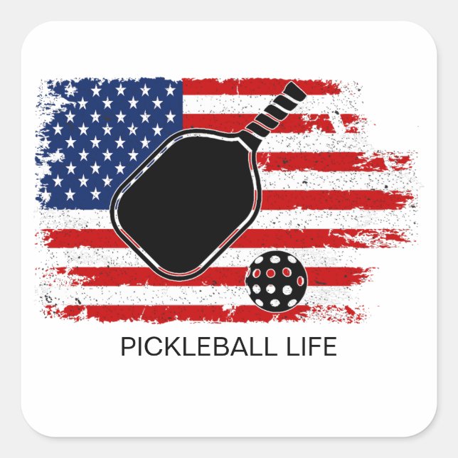 Patriotic American Flag Pickleball Personalized Square Sticker (Front)
