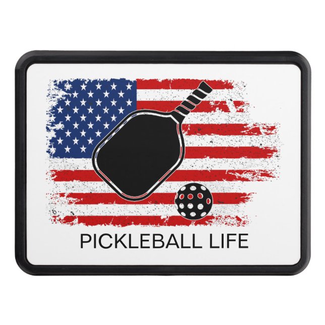Patriotic American Flag Pickleball Personalized Trailer Hitch Cover (Front)
