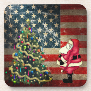 Patriotic American Flag, Santa and Christmas Tree Coaster