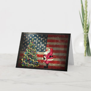 Patriotic American Flag, Santa and Christmas Tree Holiday Card