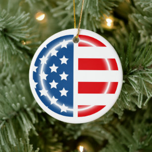 Patriotic American Flag Split Design Monogram Ceramic Ornament
