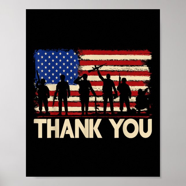 Patriotic American Flag Thank You Veterans Poster (Front)