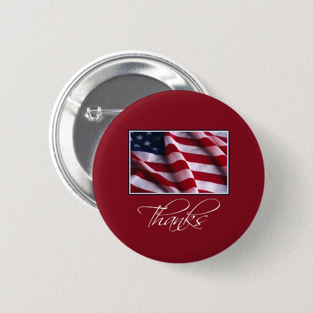 Patriotic American Flag Thanks in Red 2 Inch Round Button (Front & Back)