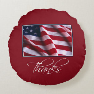Patriotic American Flag Thanks in Red Round Pillow