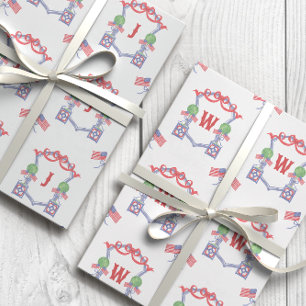 Patriotic American Flag Topiary Monogram Crest Wrapping Paper Sheet