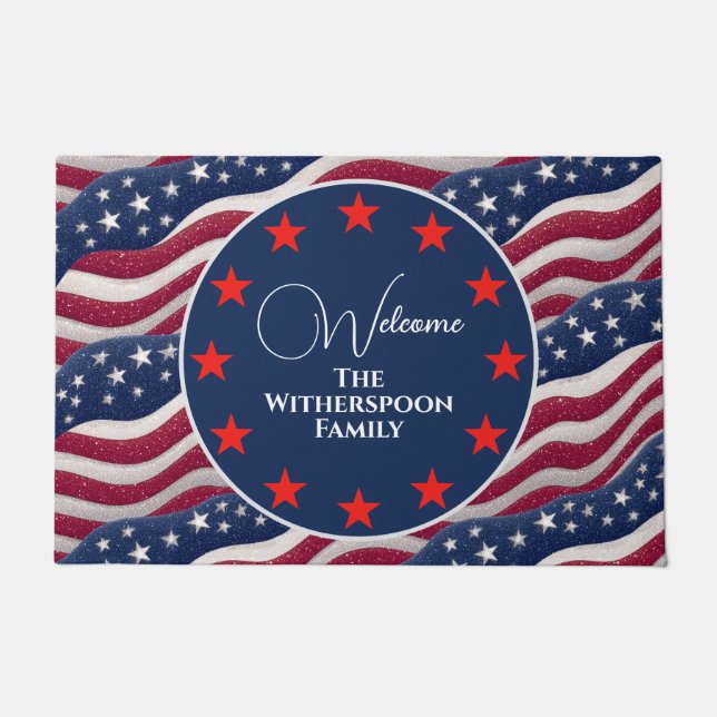Patriotic American Flag Welcome Home Family Name Doormat (Front)