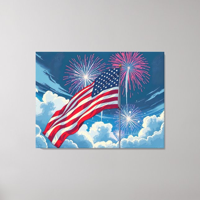 Patriotic American Flag with Fireworks – 4th July Canvas Print (Front)