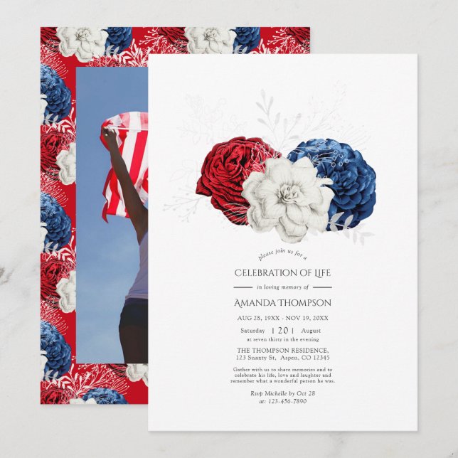 Patriotic American Floral Celebration of Life Invitation (Front/Back)