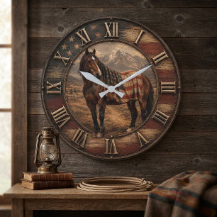 Patriotic American Horse USA Flag Western Ranch Large Clock