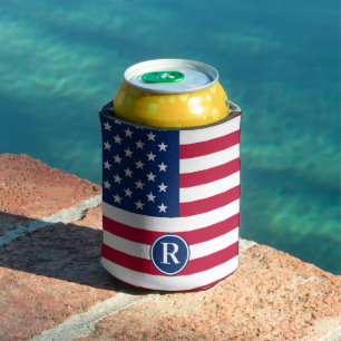 Patriotic American  Red White Blue Custom Monogram Can Cooler