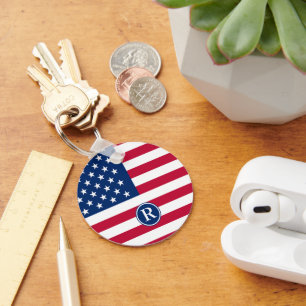 Patriotic American  Red White Blue Custom Monogram Keychain
