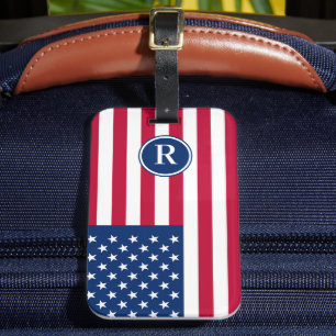 Patriotic American  Red White Blue Custom Monogram Luggage Tag