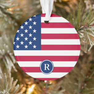 Patriotic American  Red White Blue Custom Monogram Ornament