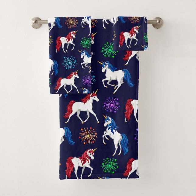 Patriotic American Red White Blue Unicorns Bath Towel Set (Insitu)