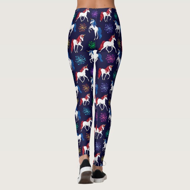 Patriotic American Red White Blue Unicorns Leggings (Back)