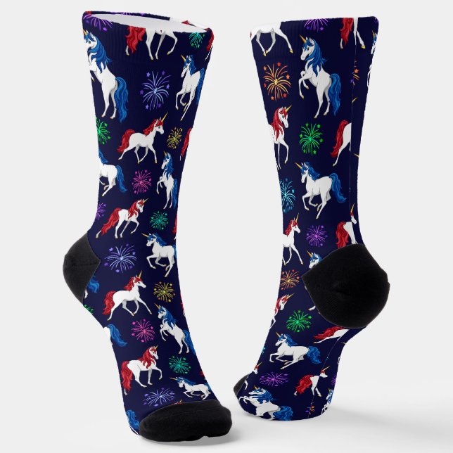 Patriotic American Red White Blue Unicorns Socks (Angled)