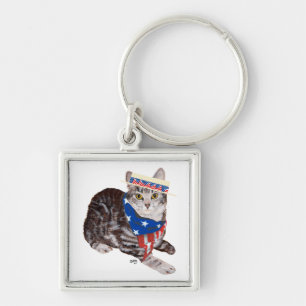 Patriotic American Shorthair Tabby Cat Keychain