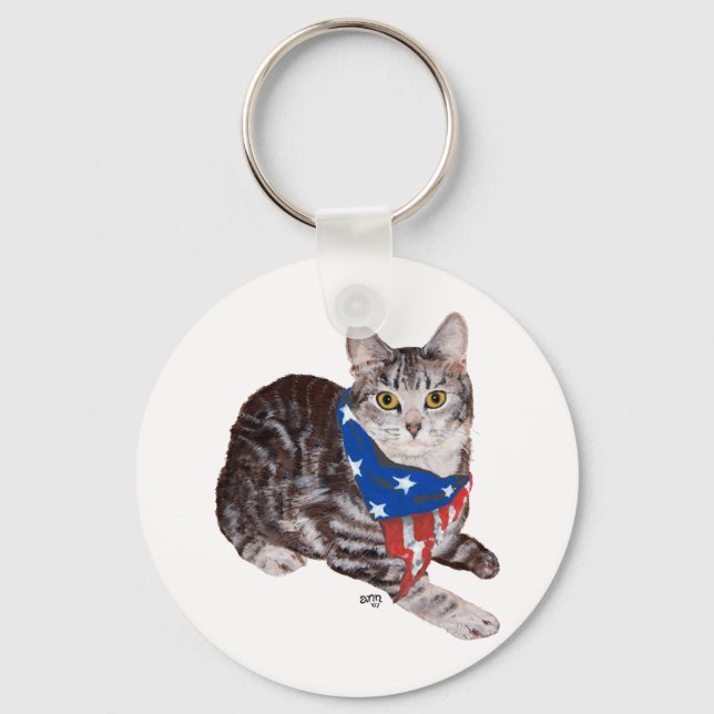 Patriotic American Shorthair Tabby Cat Keychain (Front)