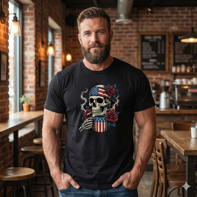 Patriotic American Skull Coffee & Roses T-Shirt (Creator Uploaded)