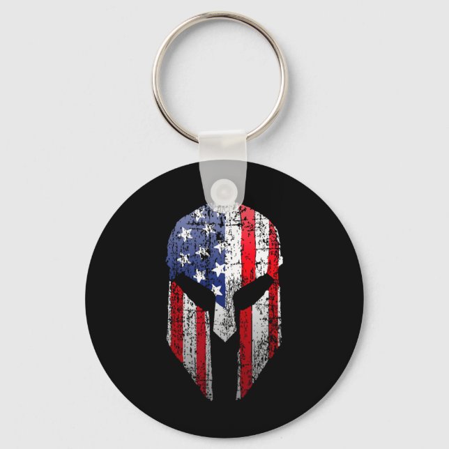 Patriotic American Spartan Warrior Usa Flag Helmet Keychain (Front)
