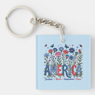 Patriotic American Wildflowers Fourth of July USA Keychain