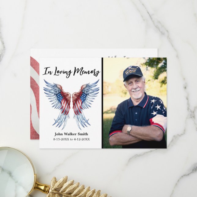 Patriotic Angel Wings Photo Military Funeral Thank You Card (Front/Back In Situ)