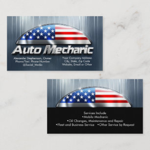 Patriotic Auto Mechanic Metal American Flag Car  Business Card