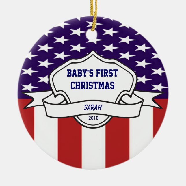 Patriotic Babys First Christmas Custom Photo Ceramic Ornament (Front)