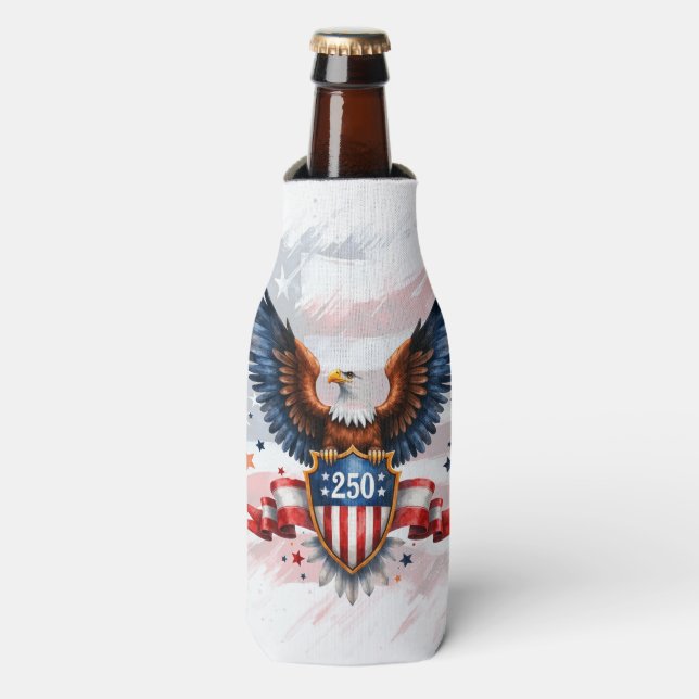 Patriotic Bald Eagle 250th Anniversary Shield  Bottle Cooler (Bottle Front)
