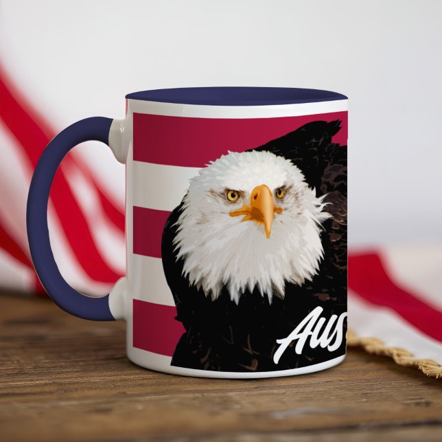 Patriotic Bald Eagle Bold Red White American Flag Mug (Bold personalized Bald Eagle Mug featuring a powerful eagle against patriotic red and white stripes.)