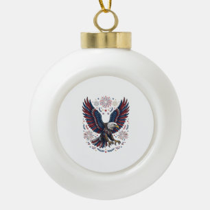 Patriotic Bald Eagle Fireworks Vintage Vector Desi Ceramic Ball Christmas Ornament