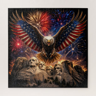 Patriotic Bald Eagle Mount Rushmore Fireworks Wall Jigsaw Puzzle