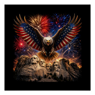 Patriotic Bald Eagle Mount Rushmore Fireworks Wall Poster