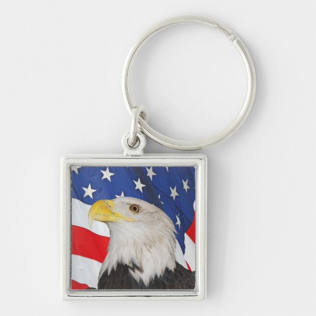 Patriotic Bald Eagle With American Flag Background Keychain (Front)