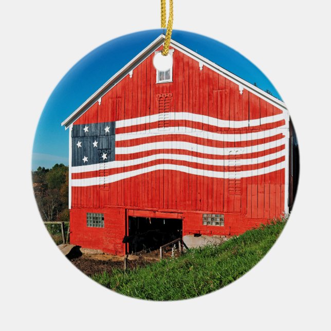 Patriotic Barn Ceramic Ornament (Front)