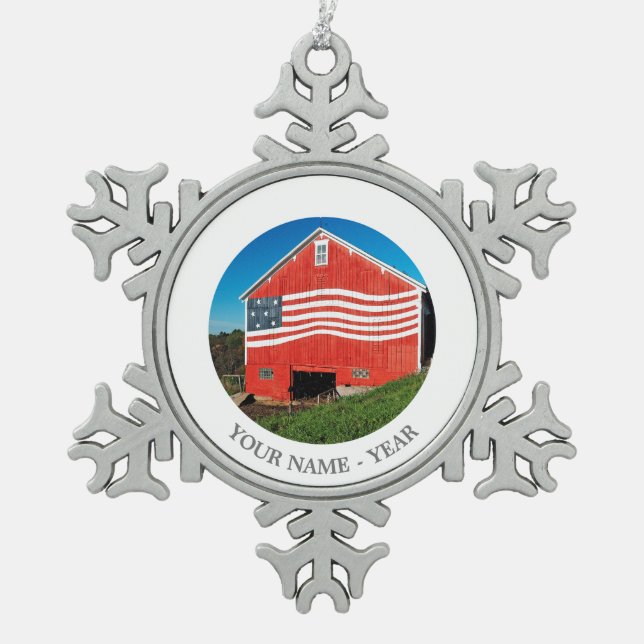 Patriotic Barn Snowflake Pewter Christmas Ornament (Front)