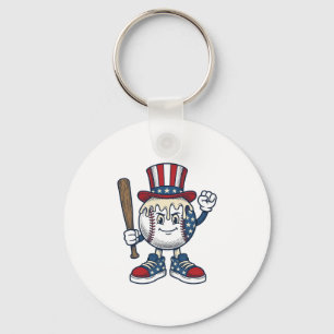Patriotic Baseball Mascot Vintage Engraving Design Keychain