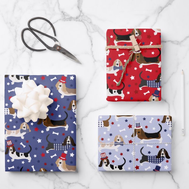 Patriotic Basset Hound Wrapping Paper Sheet (Front)