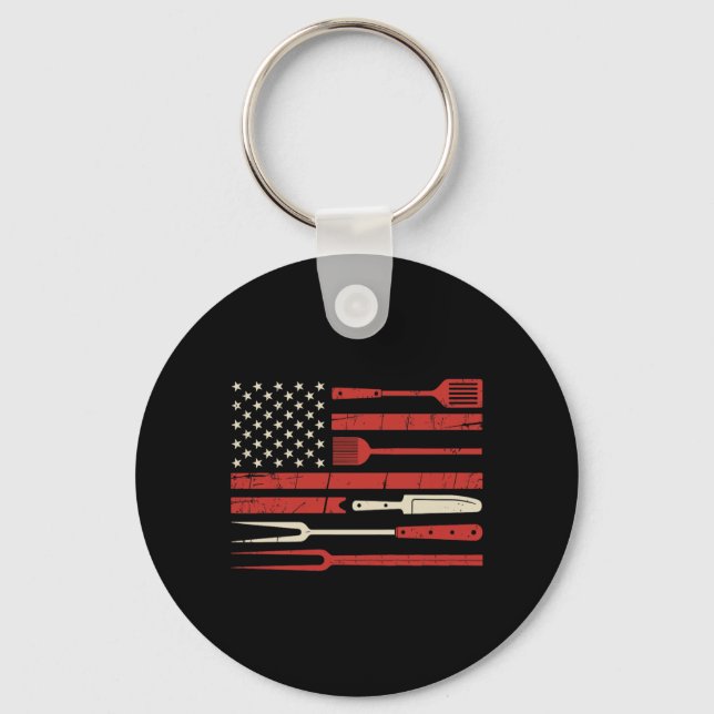Patriotic Bbq Grill Tools Aamerican Flag Graphic Keychain (Front)