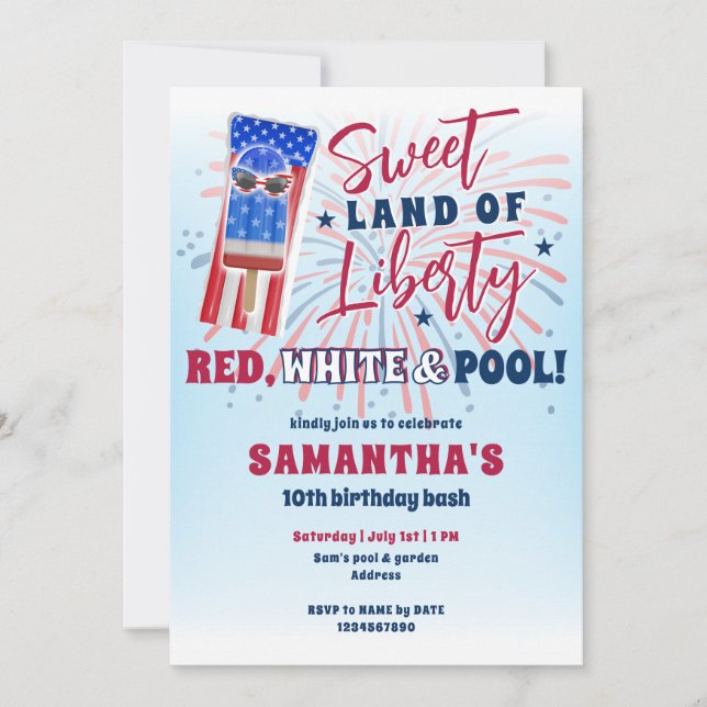 Patriotic Bday July 4th Summer Pool Birthday Party Invitation (Front)