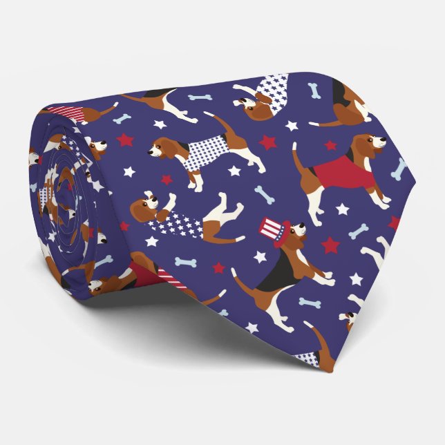 Patriotic Beagle Dog Pattern Neck Tie (Rolled)