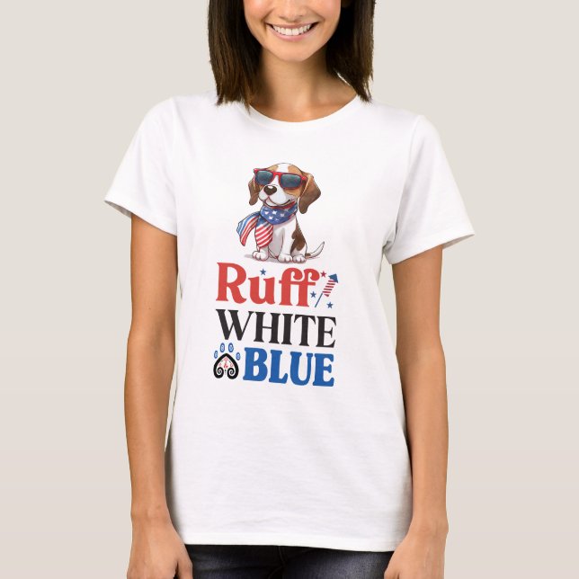 Patriotic Beagle Ruff White & Blue T-Shirt (Front)