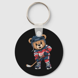Patriotic Bear Hockey Player Cute Usa Stars And St Keychain